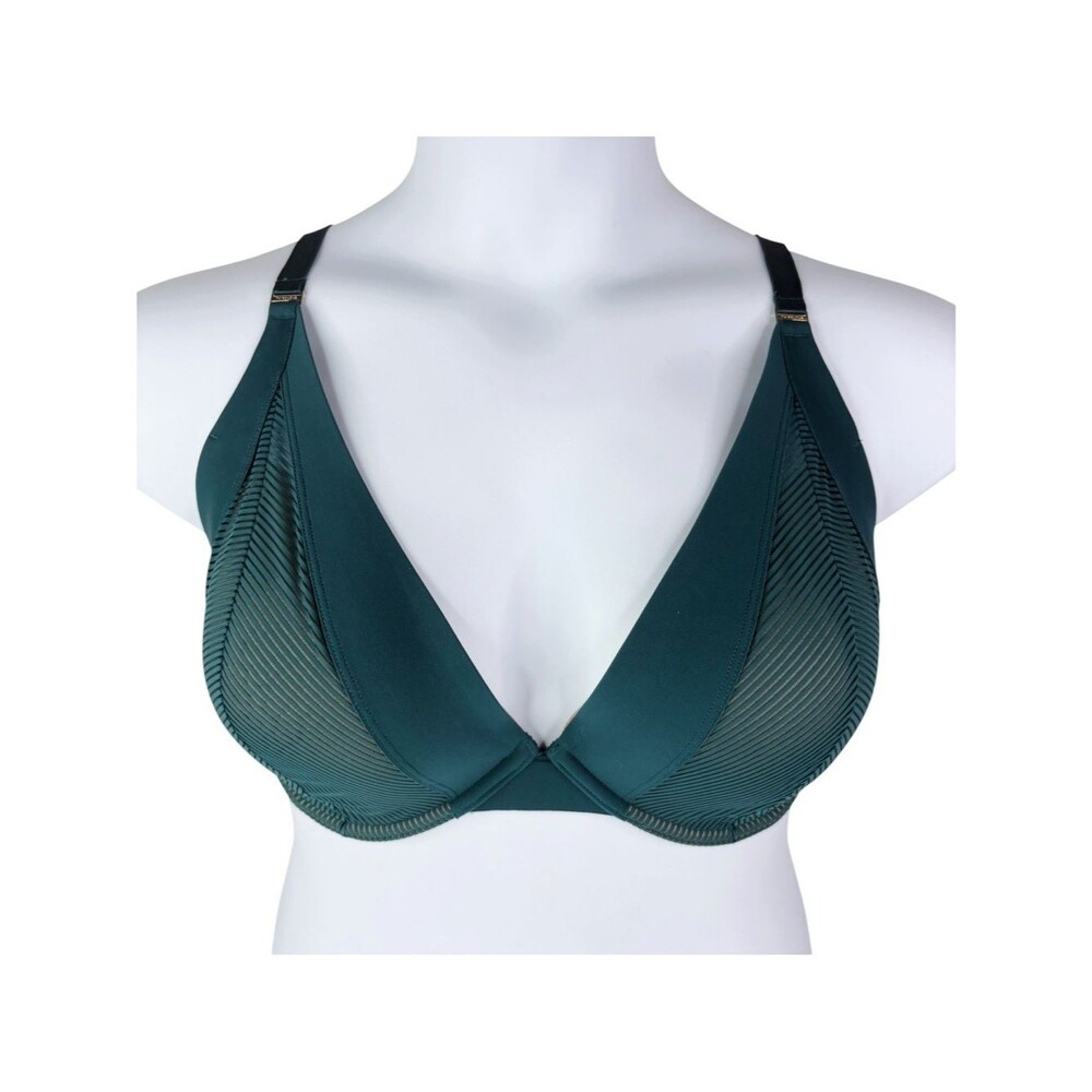 ThirdLove Shadow Stripe Plunge Bra sz 36F * Green Underwire Bra Molded Cup